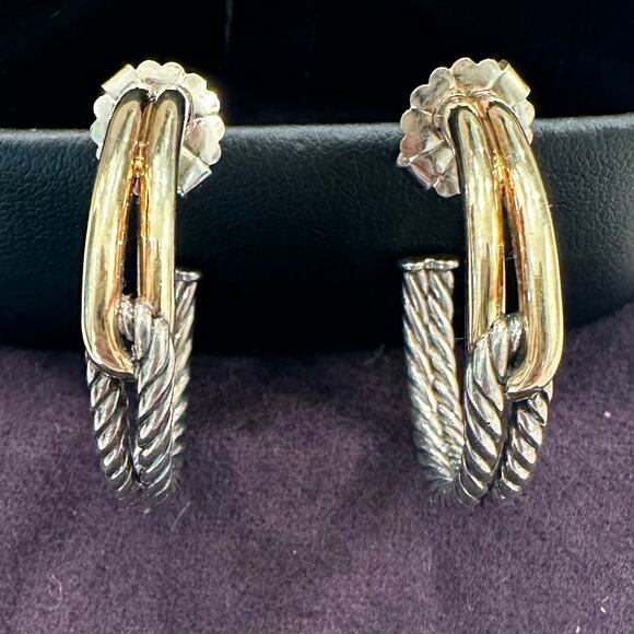 David Yurman Labyrinth Cable Rope Loop Hoop Earrings Gold 18k Silver 925 - Picture 4 of 9